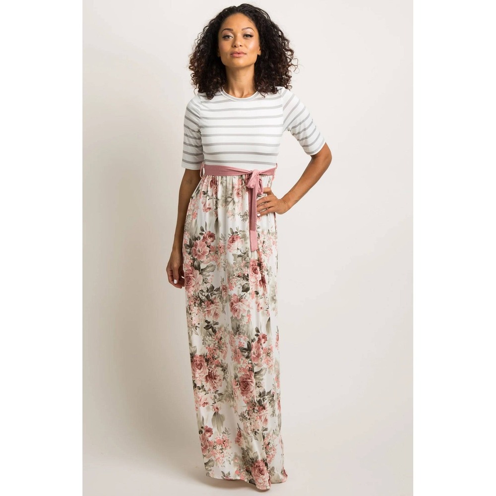 PinkBlush Maternity Floral Roes Striped Maxi Dress Pink Grey Large Ribbon